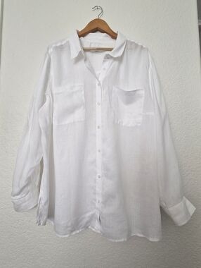Charter Club 100% Linen Button Down Shirt White | Roll Tab Sleeve | Women’s 3X